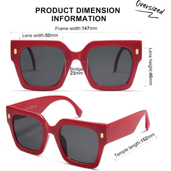 Women's Luxury Large Vintage Oversized Square Eyes Protecting Red Sunglasses - Picture 4 of 6